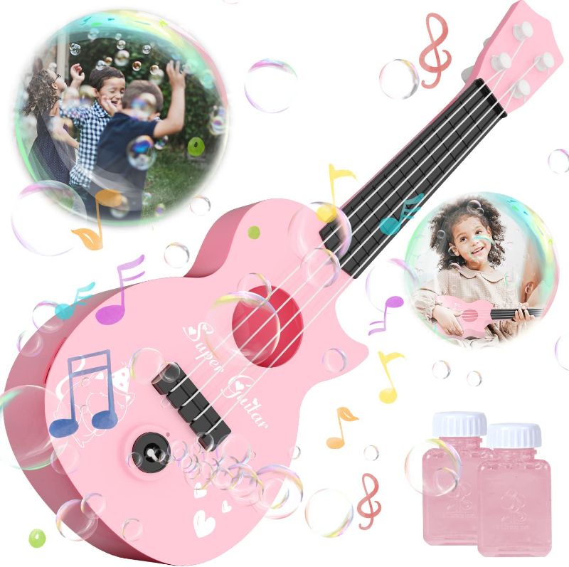 Photo 1 of Bubble Machine for Kids, Automatic Bubble Maker with Musical, Guitar Bubble Blower Toys for Toddlers 1-3, Party, Outdoor Activity, Birthday Gift, Pink
