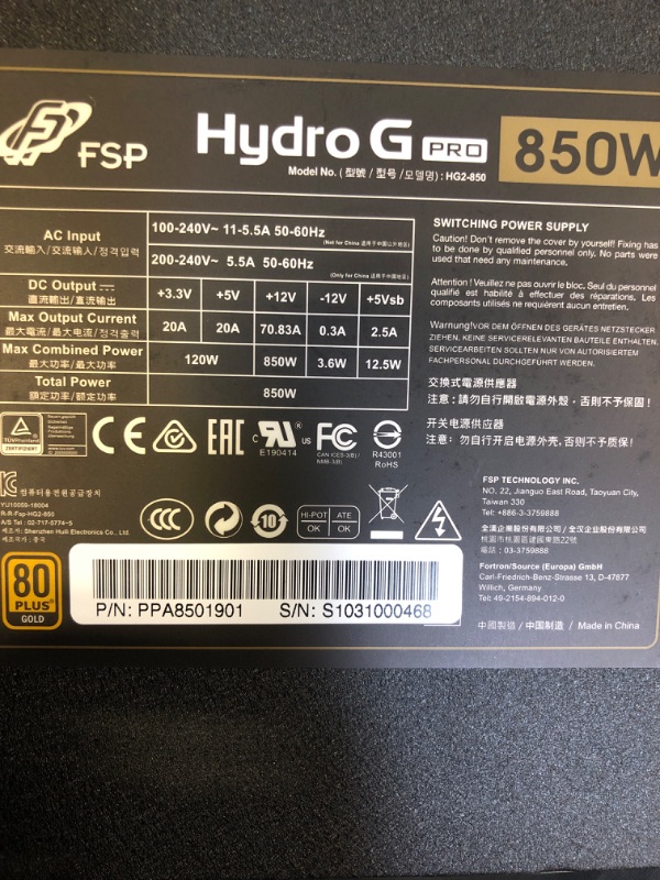 Photo 4 of FSP Hydro G PRO 850W 80 Plus Gold Full Modular ATX 12V V2.52 Active PFC Power Supply with 10-Year Warranty (HG2-850)
