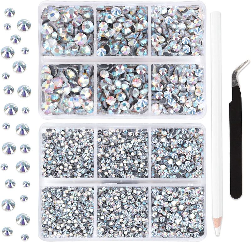 Photo 1 of 8208pcs Nail Rhinestones AB Hotfix Rhinestones for Craft Clear Crystal Round Glass Gems 5 Mixed Sizes Flatback Rhinestones with Tweezers and Picking Pen for Art DIY Jewelry Accessories by QUEFE pack of 2
