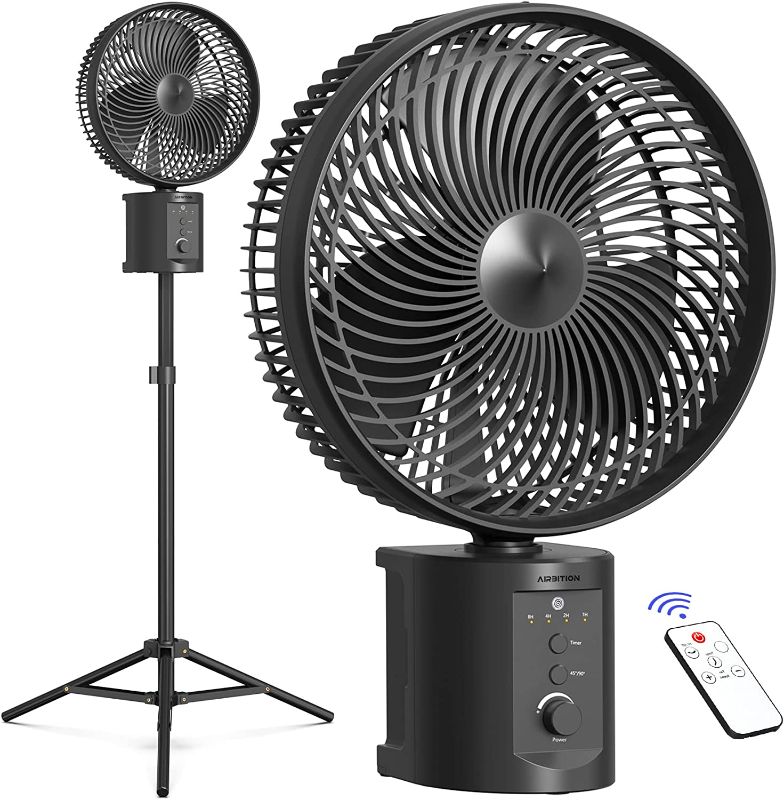 Photo 1 of 20000mAh Oscillating Rechargeable Fan w/Remote, Lasts 50 Hrs,10" Portable Battery Operated Fan w/Extendable Tripod, Strong Airflow, Timer, 7 Speeds, Outdoor Pedestal Fan for Camping Home Hurricane
