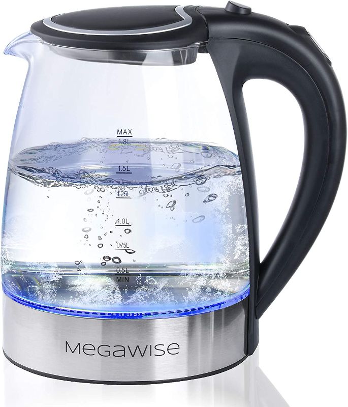 Photo 1 of MEGAWISE 1.8L Healthy Electric Kettle , 1500W Borosilicate Glass Tea Kettle with Food Grade Material , Auto Shut-Off and Boil-Dry Protection Cordless Kettle Fast Boiling, BPA Free
