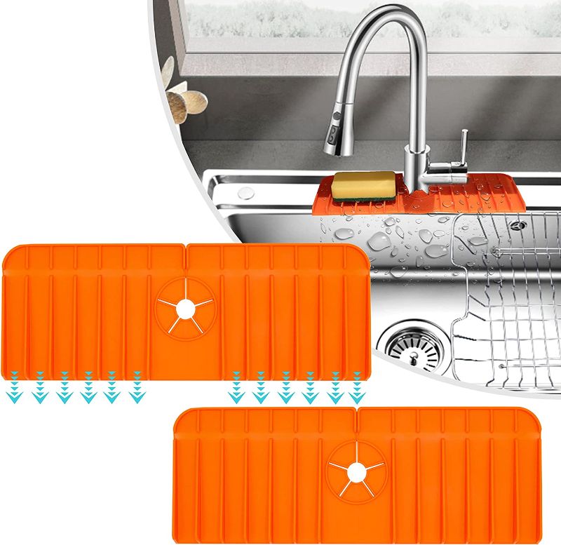 Photo 1 of 2-Piece Silicone Faucet Mat, Kitchen Faucet Splash Guard, Faucet Drip Catcher for Kitchen Sink/Bathroom/RV, Faucet Splash Catcher - Orange
