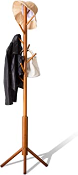 Photo 1 of BMOSU Bamboo Coat Rack Freestanding Stand Tree Adjustable Coat with 3 Sections 8 Hooks Easy to Assemble Standing Coat Jackets Hanger for Bedroom Office Hallway Entryway Brown
