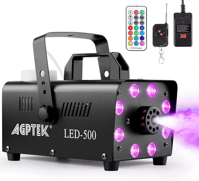 Photo 1 of Smoke Machine, AGPTEK Fog Machine with 13 Colorful LED Lights Effect, 500W and 2000CFM Fog with 1 Wired Receiver and 2 Wireless Remote Controls, Perfect for Wedding, Halloween, Party and Stage Effect
