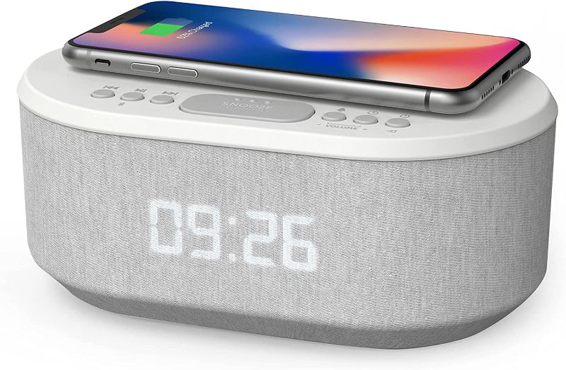 Photo 1 of Bedside Radio Alarm Clock with USB Charger, Bluetooth Speaker, QI Wireless Charging, Dual Alarm Dimmable LED Display (White)
