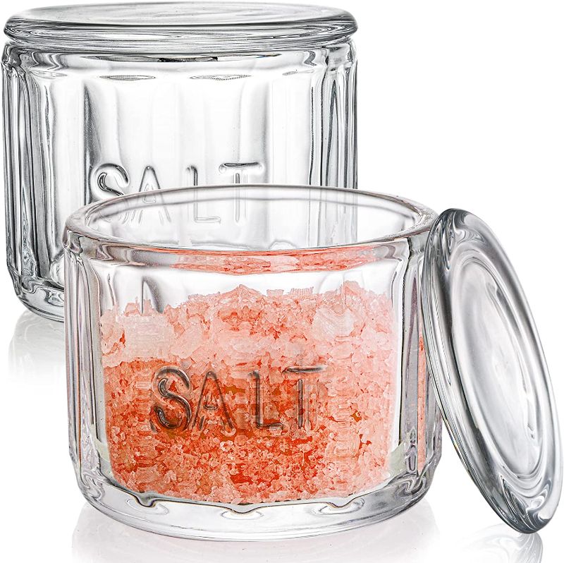 Photo 1 of  2 Pack Clear Glass Salt Cellar with Lid, Salt Storage Container Salt Box, Retro Style, Kitchen Decor, Wedding Gift, 3.75"D x 3.15"H