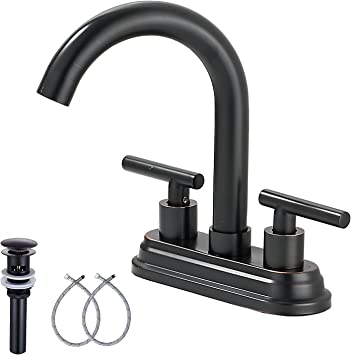 Photo 1 of Centerset Faucet GGStudy 2 Handles 4 Inches Bathroom Sink Faucet Oil Rubbed Bronze Bathroom Vanity Faucet with Drain Assembly and Supply Hose Lavatory Faucet Mixer Double Handle Tap Deck Mounted
