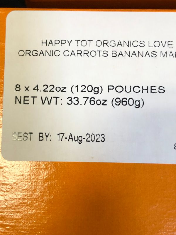 Photo 2 of (8 Pouches) Happy Tot Love My Veggies Organics Carrots, Bananas, Mangos & Sweet Potatoes Veggie & Fruit Blend, 4.22 Oz. - 2 PCK
EXP AUG 17 2023