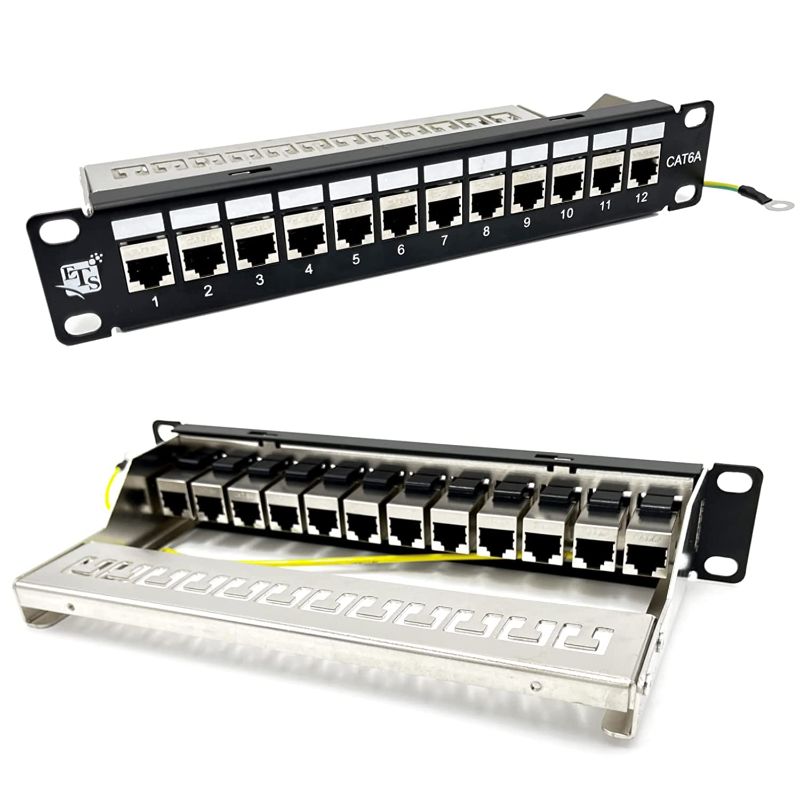 Photo 1 of ETS 12 Port Patch Panel Cat6A Inline Keystone, Feedthrough Coupler Patch Panel 10-Inch with Cable Support, Fully Loaded Pass Through Jacks, 1U Network Patch Panel Compatible Cat7, Cat6, Cat6A, Cat5e
