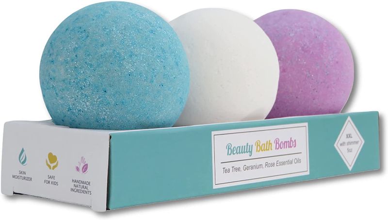 Photo 1 of Dadoodi Bath Bombs Gift Set 100% Handmade - 3 XXL 5oz Fizzies with Rose, Tea Tree, Geranium Pure Essential Oils - Hydrating Spa Treatments for Dry Skin - Best Gift Idea for Woman/Men, Girl/Boy, Kids  -- Packaging Slightly Damaged --