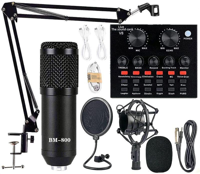 Photo 1 of Podcast Equipment Bundle, BM-800 Mic Kit with Live Sound Card, Adjustable Mic Suspension Scissor Arm, Metal Shock Mount and Double-Layer Pop Filter for Studio Recording & Broadcasting (Black)
 