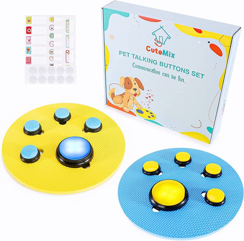 Photo 1 of CuteMix Dog Talking Button Set with Mat, Stickers and Batteries. Set of 5 Talking Dog Buttons, One-Stop Dog Buttons for Communication Board, Pet Buttons for Talking with LED, Cat Buttons for Speaking

