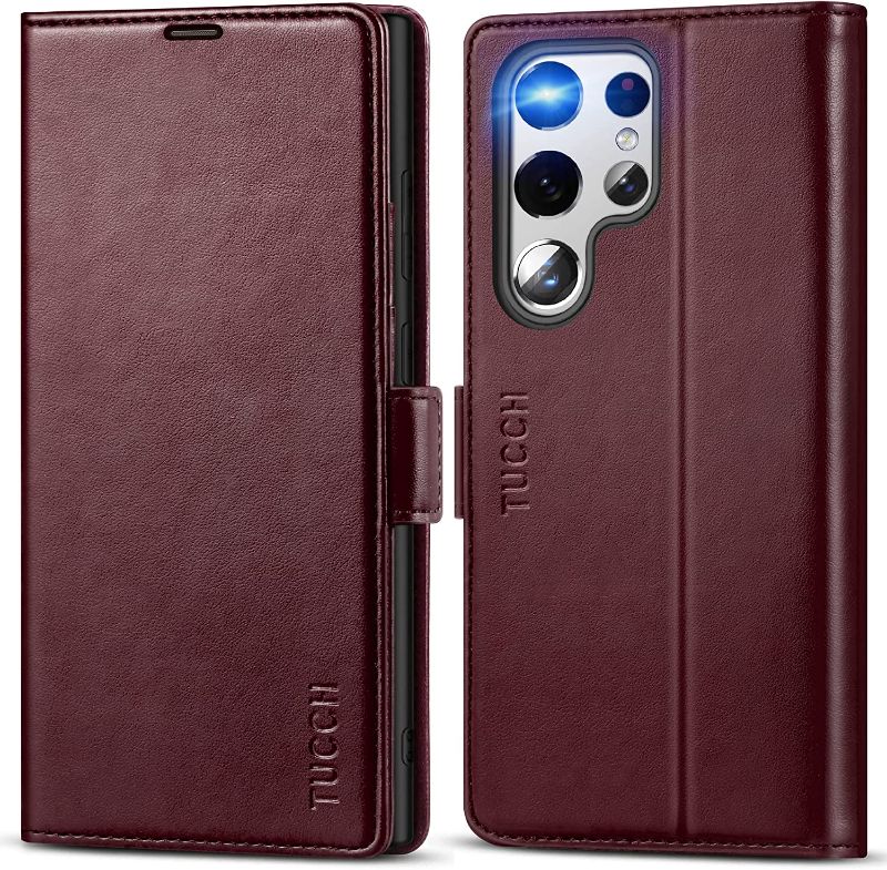 Photo 1 of TUCCH Wallet Case for Galaxy S22 Ultra 5G, [TPU Shockproof Interior Case] Kickstand [RFID Blocking] Card Slot, Magnetic PU Leather Folio Cover Compatible with Galaxy S22 Ultra 5G 6.8-Inch, Wine Red
