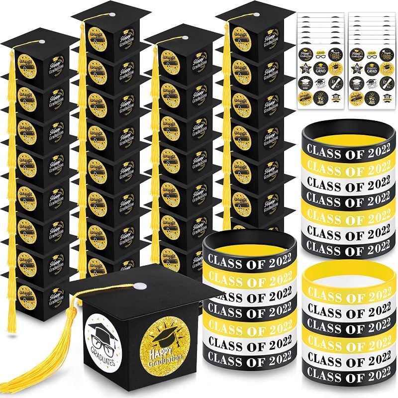 Photo 1 of 48 Graduation Cap Gift Boxes and 48 Class of 2022 Silicone Wristbands Bracelets,Graduation Party Favor Candy Boxes with Stickers, 2022 Graduation Decorations Grad Party(Gold, Black, White)
