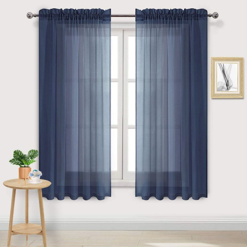 Photo 1 of DWCN Navy Blue Sheer Curtains Semi Transparent Voile Rod Pocket Curtains for Bedroom and Living Room, 60 x 63 inches Long, Set of 2 Panels
