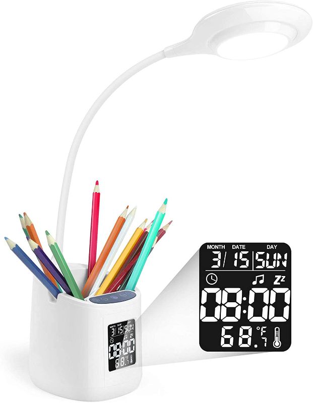 Photo 1 of Rechargeable LED Desk Lamp for Kids, Stepless Dimming Eye-Caring Table Lamp, Touch Control, USB Charging Study Reading Light with with Clock, Calendar & Pen Holder
--- Factory Sealed --- 