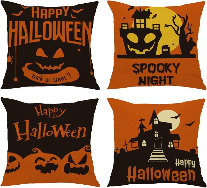 Photo 1 of Hying Halloween Orange Black Throw Pillow Covers 18 x 18 Set of 4 for Home Decor, Double Sided Design, Halloween Modern Linen Cushion Cover Cases Decoration Pillowcase for Sofa Bed Chair Car
--- Factory Sealed --- 