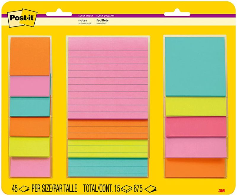 Photo 1 of Post-it Super Sticky Notes, Assorted Sizes, 15 Pads, 2x the Sticking Power, Miami Collection, Neon Colors (Orange, Pink, Blue, Green), Recyclable (4423-15SSMIA)
--- Factory Sealed --- 