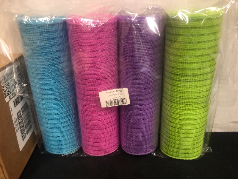 Photo 2 of 4 Rolls Deco Mesh Ribbon 10 inch x 30 feet Each Roll, Poly Mesh Metallic Foil Ribbon Easter Ribbon for Wreath Decoration DIY Crafts Making Supplies (GreenPurplePinkBlue)
--- Factory Sealed --- 