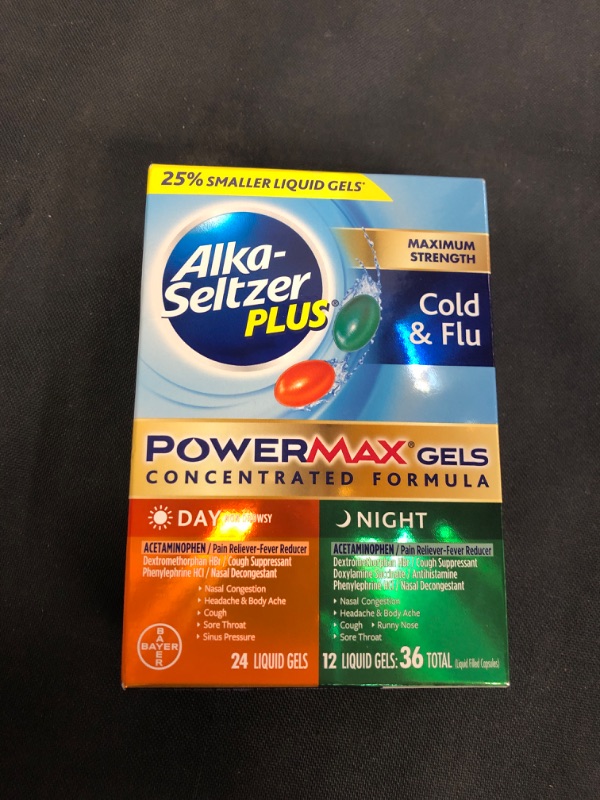 Photo 2 of Alka-seltzer Plus Cold & Flu, Power Max Cold and Flu Medicine, Night, For Adults with Pain Reliever, Fever Reducer, Cough Suppressant, Nasal Decongestant, Antihistamine, 36 Count
, EXP 07/22