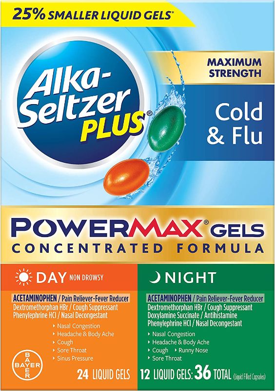 Photo 1 of Alka-seltzer Plus Cold & Flu, Power Max Cold and Flu Medicine, Night, For Adults with Pain Reliever, Fever Reducer, Cough Suppressant, Nasal Decongestant, Antihistamine, 36 Count
, EXP 07/22