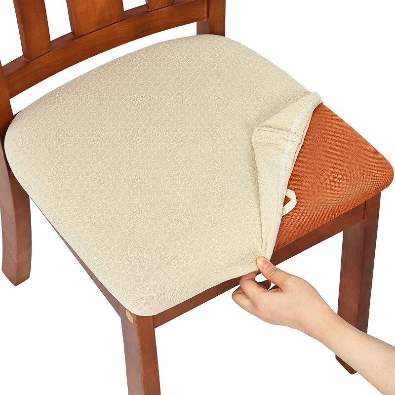 Photo 1 of 4 Pack Chair Seat Covers for Dining Room Waterproof Stretch Jacquard Seat Chair Covers Removable Washable Dining Room Chair Seat Cover Chair Seat Slipcovers Kitchen Seat Chair Cover (4, Beige)
