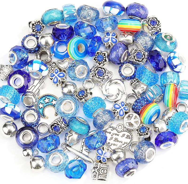 Photo 1 of 100Pcs European Beads Bulk Large Hole Glass Craft Beads Assorted Spacer Bracelet Beads Rhinestone Beads Silver Charms for Jewelry Making and DIY Necklace Bracelet Crafting(Blue)
