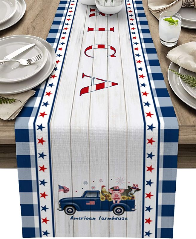 Photo 1 of American Farmouse Table Runner, Patriotic Stars Blue Truck for Independence Dresser Scarves Table Setting Decor Dinner Table Runner for Holiday Indoor & Outdoor Parties Events - 13 x 90 Inch
