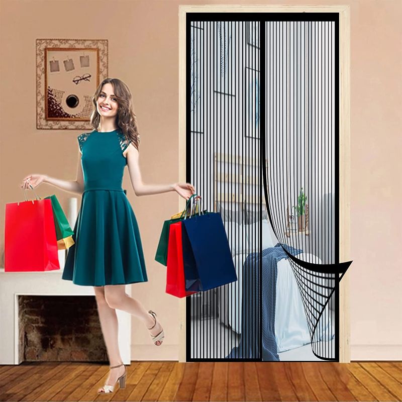 Photo 1 of Mesh Curtain 95x245cm(37x96inch) Magnetic Thermal Insulated Door Curtain Powerful Magnets Snap Shut Automatically for Kitchen/Bedroom/Air Conditioner Room, Black A
