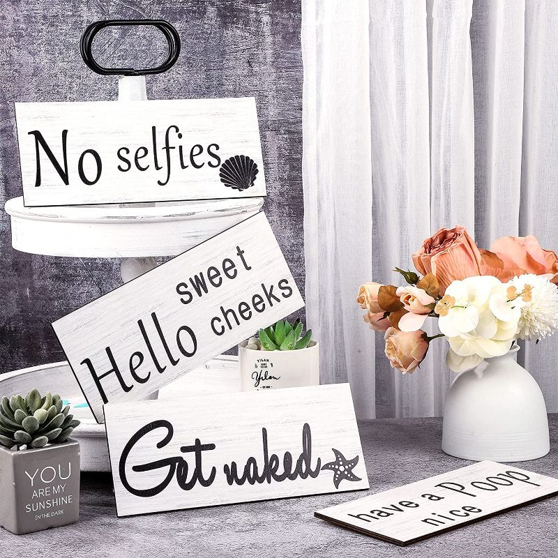 Photo 1 of 4 Pieces Bathroom Signs Get Naked No Selfies Have a Nice Poop Hello Sweet Cheeks Wood Sign Decorative Bathroom Wall Decor Farmhouse Bathroom Wall Arts Decorations for Home Laundry Room Bathroom
