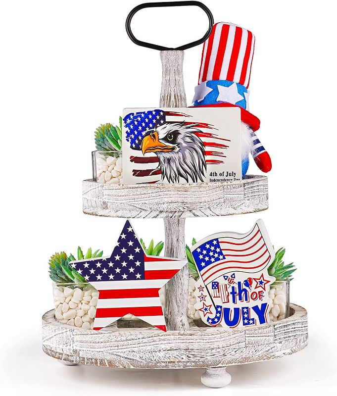 Photo 1 of BOMIER 3 Pcs 4th of July Decorations, Memorial Day Decorations With Patriotic Stars, Star & Stripes, and America Eagle, Red White and Blue Decorations, Independence Day Decorations for Home Fireplace, Shelf, Coffee Table, Tray
