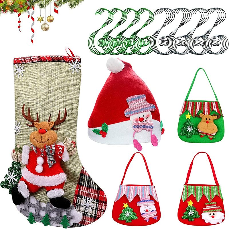 Photo 1 of Christmas Stockings 12" Large Size, 3 Pcs Christmas Tote Gift Bags and Christmas hat, Christmas Tree Decorations Gifts for Family Holiday Christmas Party Decoration, 40Pcs Christmas Ornament Hooks
