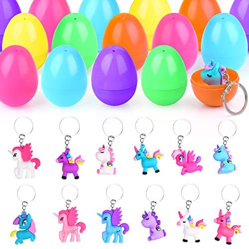 Photo 1 of Auney Toys Filled Easter Eggs for Kids, 12 Pcs Colorful Plastic Easter Eggs with Pony Keychain