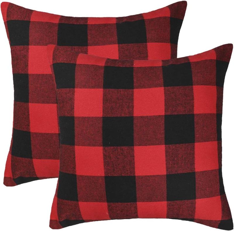 Photo 1 of 4TH Emotion Set of 2 Christmas Buffalo Check Plaid Throw Pillow Covers Cushion Case Polyester for Farmhouse Home Decor Red and Black, 20 x 20 Inches