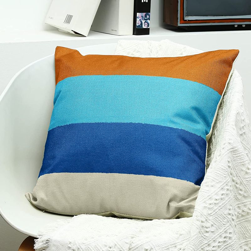 Photo 1 of Couch Pillows Cover Striped Decorative Throw Pillowcase with Zipper Durable Protector for Sofa Bed ?Living Room 18 x 18 Linen Blue