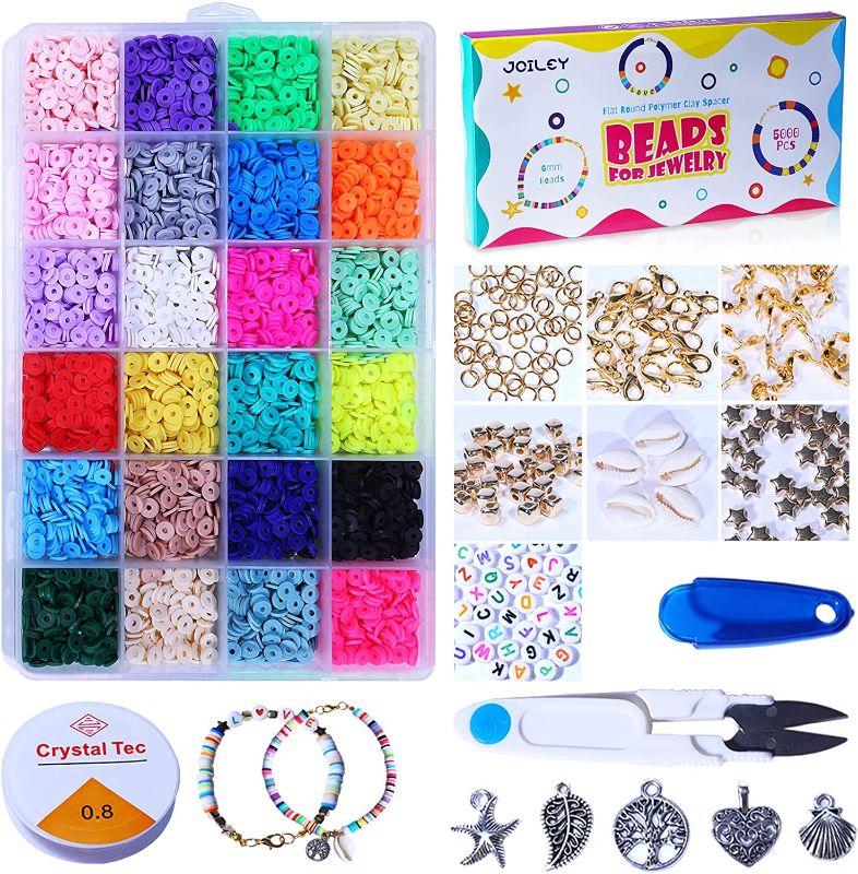 Photo 1 of Joiley 5400 Pcs Polymer Clay Beads for Bracelets Making Kit, heishi Beads with 130 Letter Beads, 240 Charms Pendant kit, 1 Elastic String and 1 Scissor for DIY Jewellery Making Supplies, 24 Colours