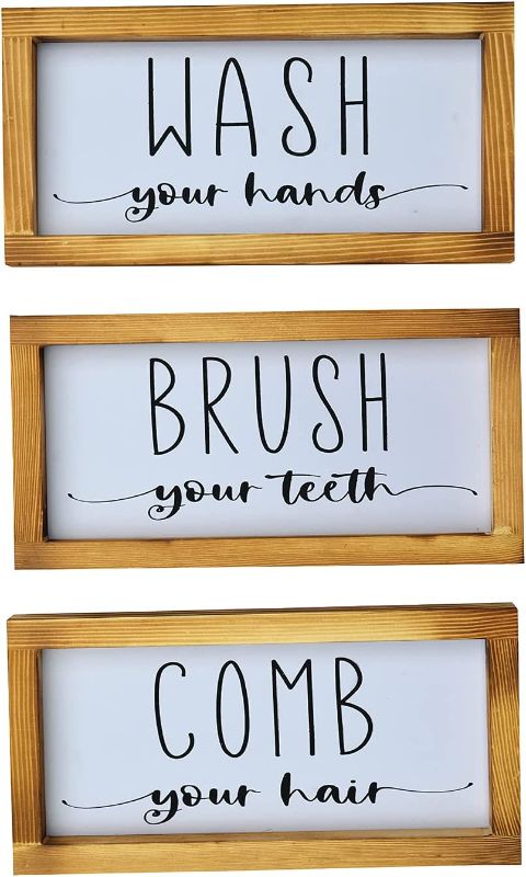 Photo 1 of Doonlife Farmhouse Bathroom Wall Decor Plaque - 3 Signs Wash Your Hands Brush Your Teeth and Comb Your Hair - Rustic Bathroom Decor Wall Art (White)