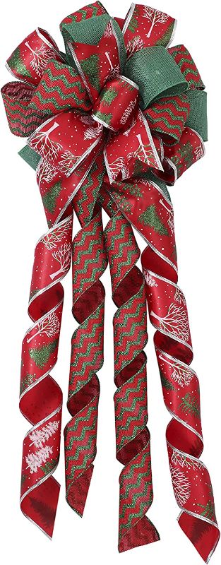 Photo 1 of FLASH WORLD Christmas Tree Topper, 38x15 Inches Large Toppers Bow with Streamer Wired Edge for Christmas Decoration (Red and Green)
