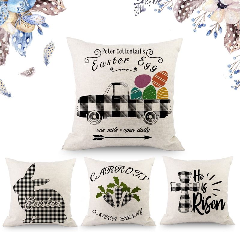 Photo 1 of Easter Decorations Throw Pillow Covers 18X18 Inch Set of 4 Spring Bunny Easter Eggs Cushion Covers Farmhouse Pillowcases for Couch Sofa Home Decor