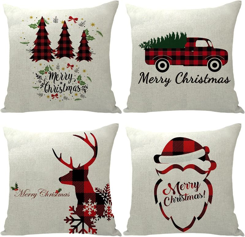 Photo 1 of Christmas Throw Pillow Covers 18x18 Set of 4,Christmas Buffalo Plaid Farmhouse Decor Cushion Cover for Living Room, Couch, Bed (Red & Black, 18 X 18 inches)
