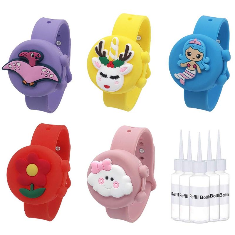 Photo 1 of 5 Pack Hand Sanitizer Watch for Kids(0.5 oz), Cartoon Wearable Hand Sanitizer Bracelet, Leakproof Refillable Reusable Clip on Hand Sanitizer Wristband with Squeeze Bottle