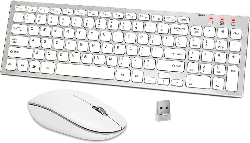 Photo 1 of Wireless Keyboard and Mouse Combo, Ergonomic Portable Slim Keyboard Sleek 2.4 GHz USB Receiver Full Size Keyboard Mouse Set for PC Desktop Computer Tablet Smart TV Mac -White Silver