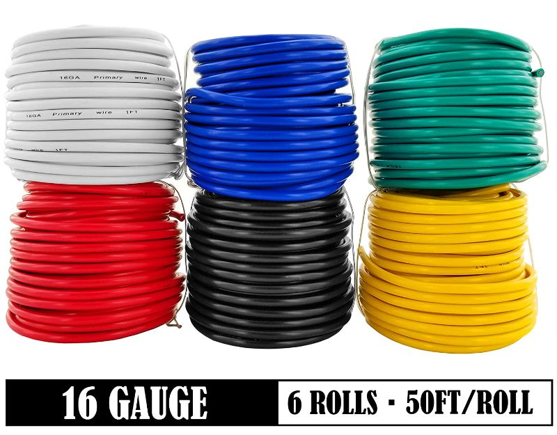 Photo 1 of 16 Gauge 6 Color Combo 50 Feet Roll (300 ft Total) Copper Clad Aluminum Low Voltage Automotive Primary Harness Wire for Car Stereo Amplifier Remote Trailer Hookup Wiring 
--- MISSING ONE ROLL ---- 