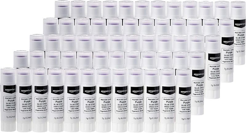 Photo 1 of Amazon Basics Purple Washable School Glue Sticks, Dries Clear, 0.24-oz Stick,60-Pack
