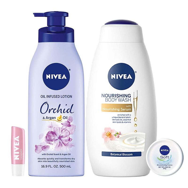 Photo 1 of NIVEA In Bloom Variety Pack – 4 Piece with Body Lotion, Body Wash, Lip Balm, and Multipurpose Cream
--- Factory Sealed --- 