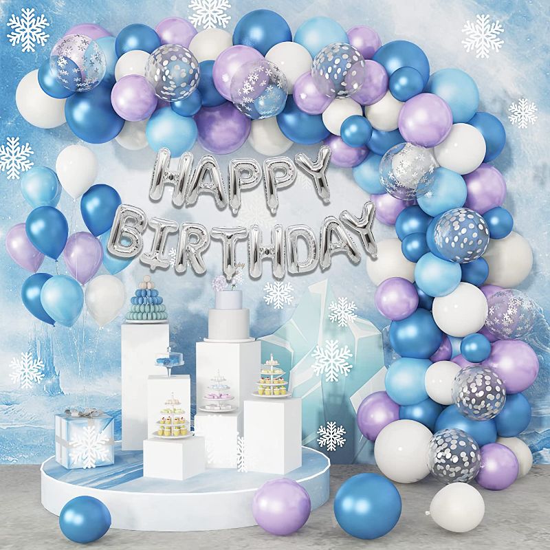 Photo 1 of 123Pcs Ice Snow Balloons Garland Arch Kit, Purple Blue White Silver Confetti Happy Birthday Snowflake Foil Balloons for Froz en Theme Birthday Party Supplies Decorations
