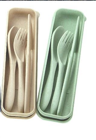 Photo 1 of 2 Sets Portable Cutlery,Wheat Straw Cutlery, Spoon Knife Fork Tableware set, for Kids Adult Travel Picnic Camping -- missing fork --
