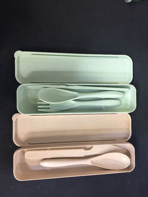 Photo 2 of 2 Sets Portable Cutlery,Wheat Straw Cutlery, Spoon Knife Fork Tableware set, for Kids Adult Travel Picnic Camping -- missing fork --
