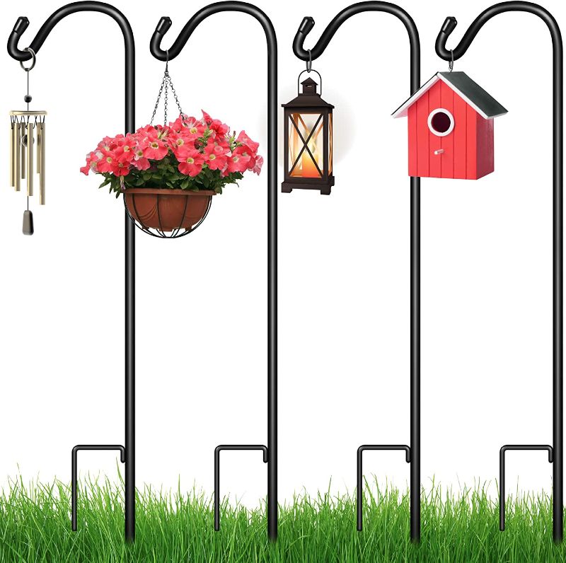 Photo 1 of Best Choice Products 65in Set of 4 Shepherd Hooks Outdoor Metal Adjustable Garden Hooks for Hanging Pots, Solar Lights & Lanterns, Bird Feeders, Wedding Decor w/ 2-Prong Base, 0.5in Diameter – Black
