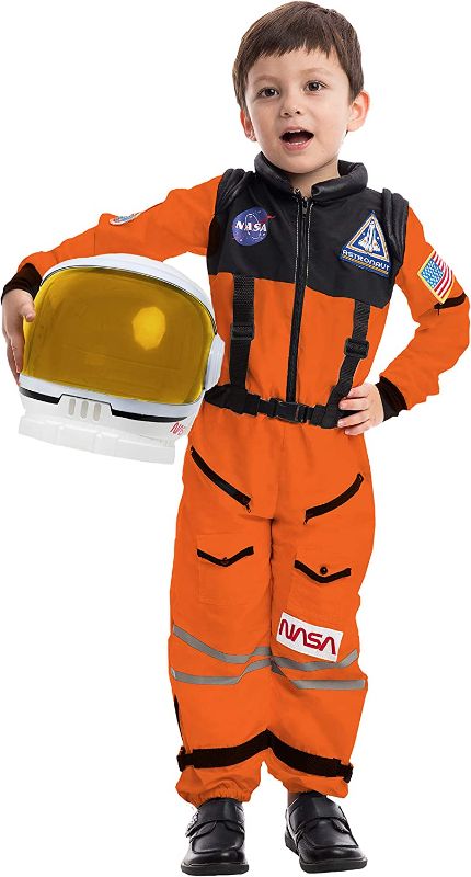 Photo 1 of Astronaut Costume for Kids with Movable Visor Helmet Space Costume Toddlers Pretend Role Play Dress Up (Orange)-M
